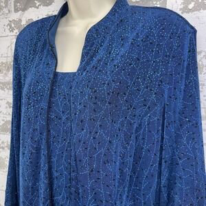 Vtg Onyx Nite 2 Pc Tank Cardigan Set XL Blue Teal Black Sparkle Bling Glamour